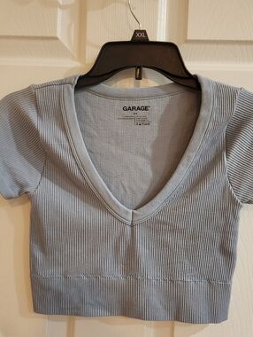 Garage Womens Light Blue Ribbed Scoop Neck Short Sleeve Crop Top P/S 100081533